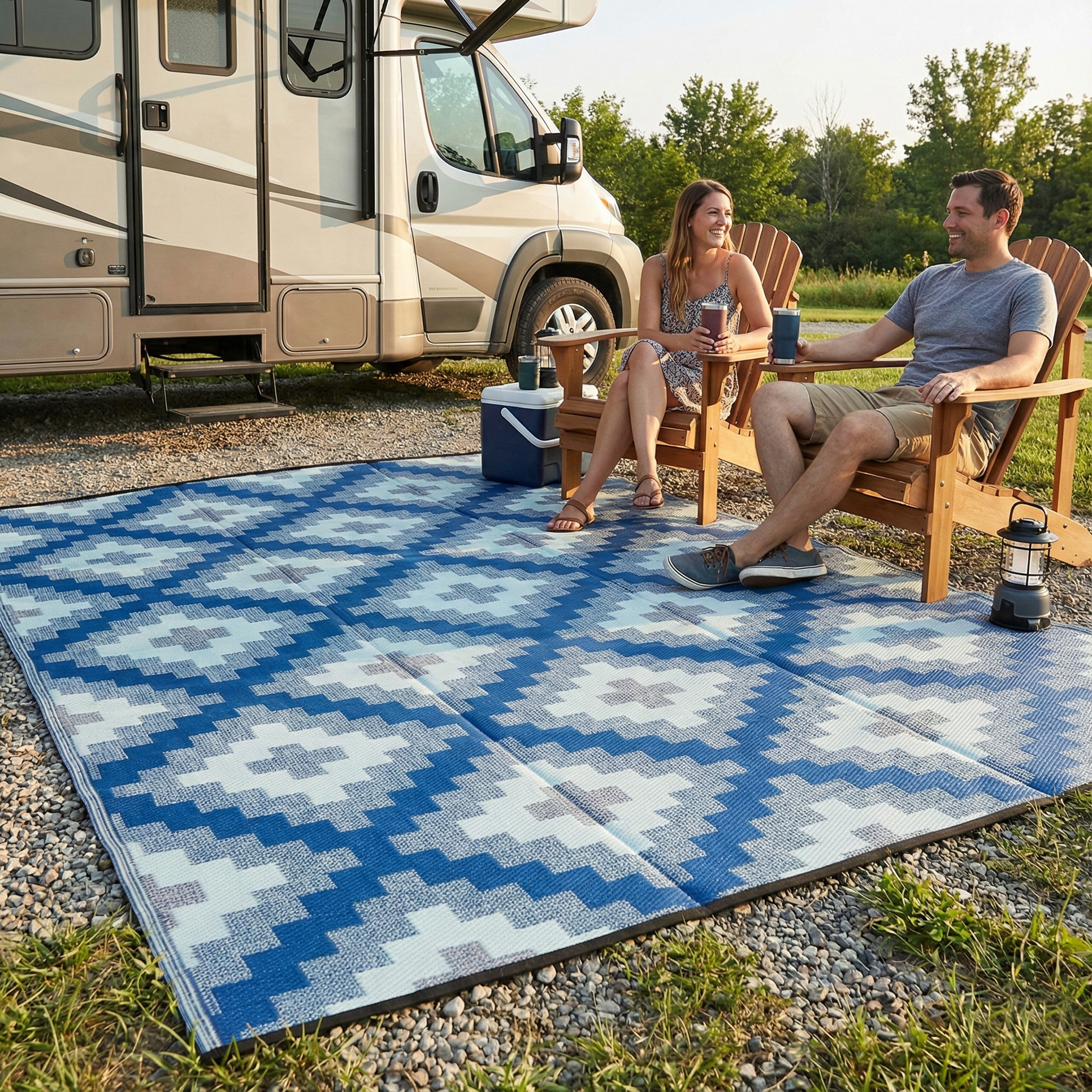 Lifestyle view of couple in camp chairs on blue and white diamond foldable outdoor rug by camper van